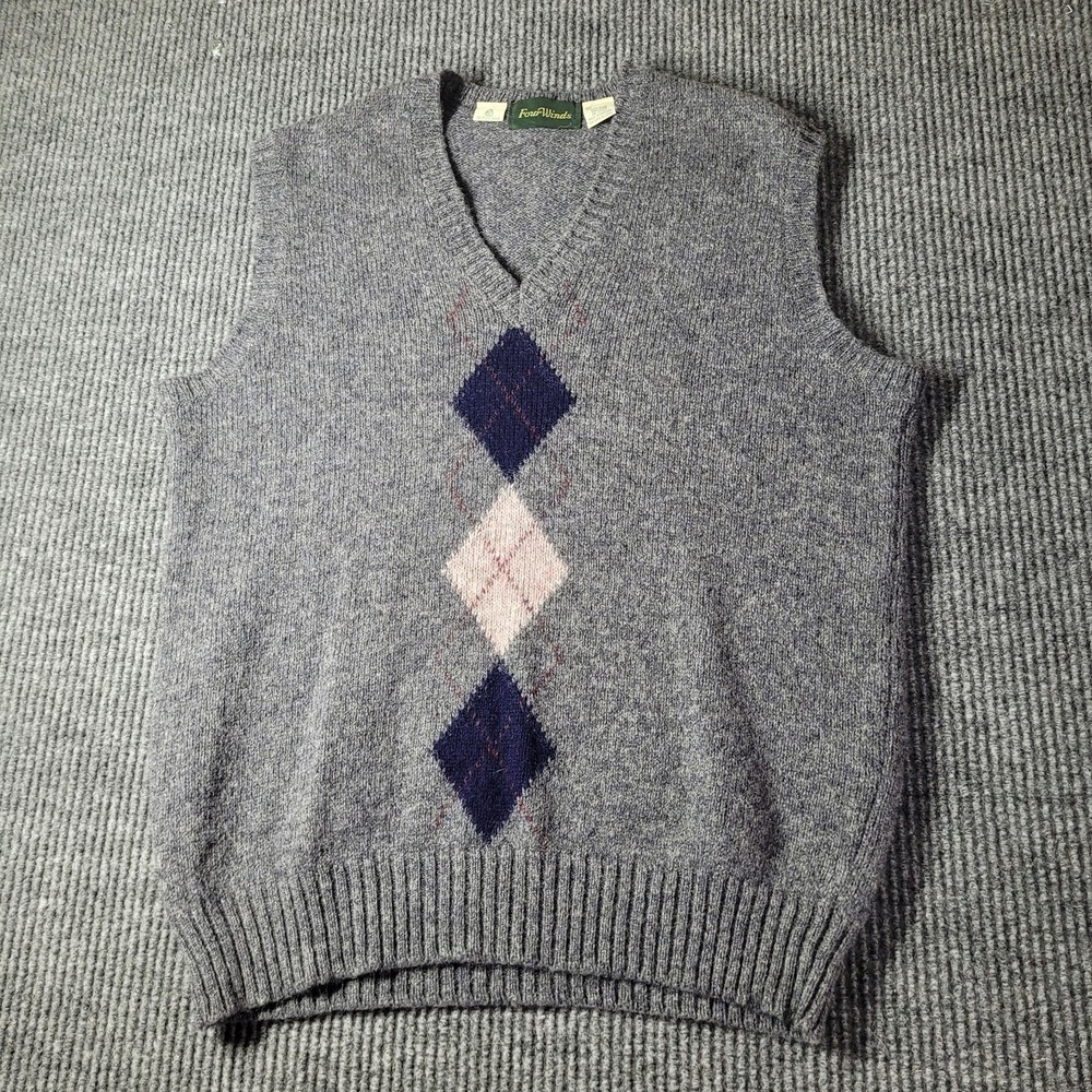 Four Winds Sweater‎ Vest Mens Large Shetland Wool Gray Argyle Sleeveless England